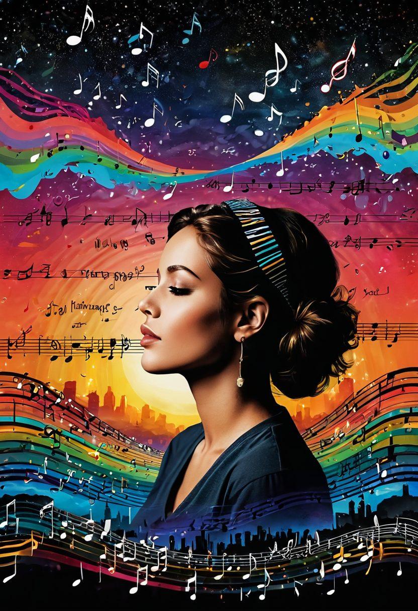 A visually captivating collage of famous song lyrics intertwined with images of iconic musicians amidst colorful soundwaves, showcasing the emotional impact of music. The background features a dreamy night sky filled with musical notes, symbolizing inspiration and creativity. The overall mood is nostalgic yet vibrant, inviting viewers to reflect on the stories behind the songs. super-realistic. vibrant colors. dreamy style.