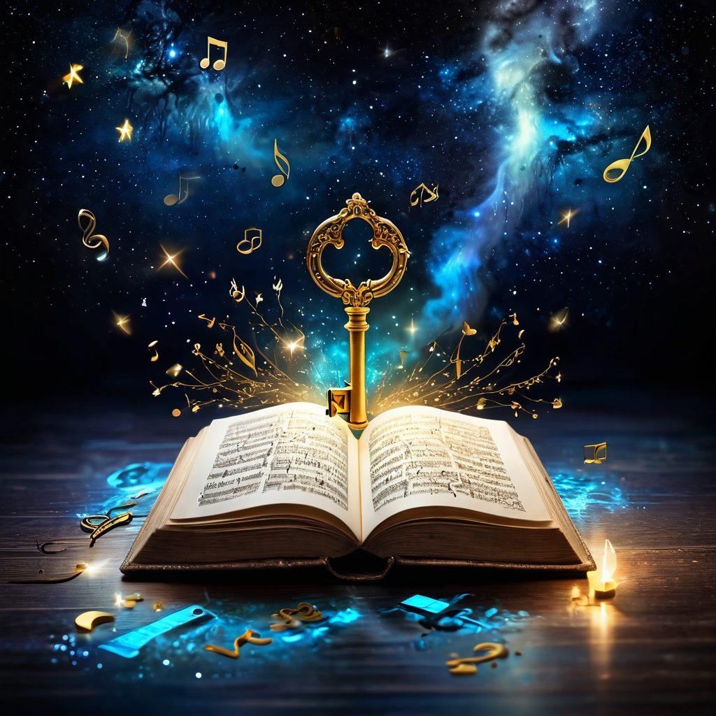 A mystical key unlocking an ancient book filled with handwritten song lyrics, surrounded by floating musical notes and vibrant symbols representing various emotions. The background should reflect a dreamy, ethereal atmosphere with soft light and sparkling stars. Incorporate a color palette that features rich blues and golds. super-realistic. vibrant colors. fantasy art.