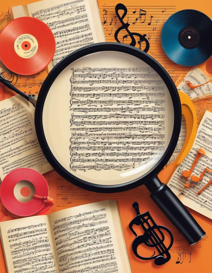 A visually striking collage of iconic song lyrics surrounded by musical notes, with a diverse selection of instruments in the background. Incorporate open books and a glowing magnifying glass symbolizing analysis and exploration. Use vibrant colors to evoke emotion and creativity. Include elements like vinyl records and headphones for a nostalgic touch. vector art. vibrant colors.